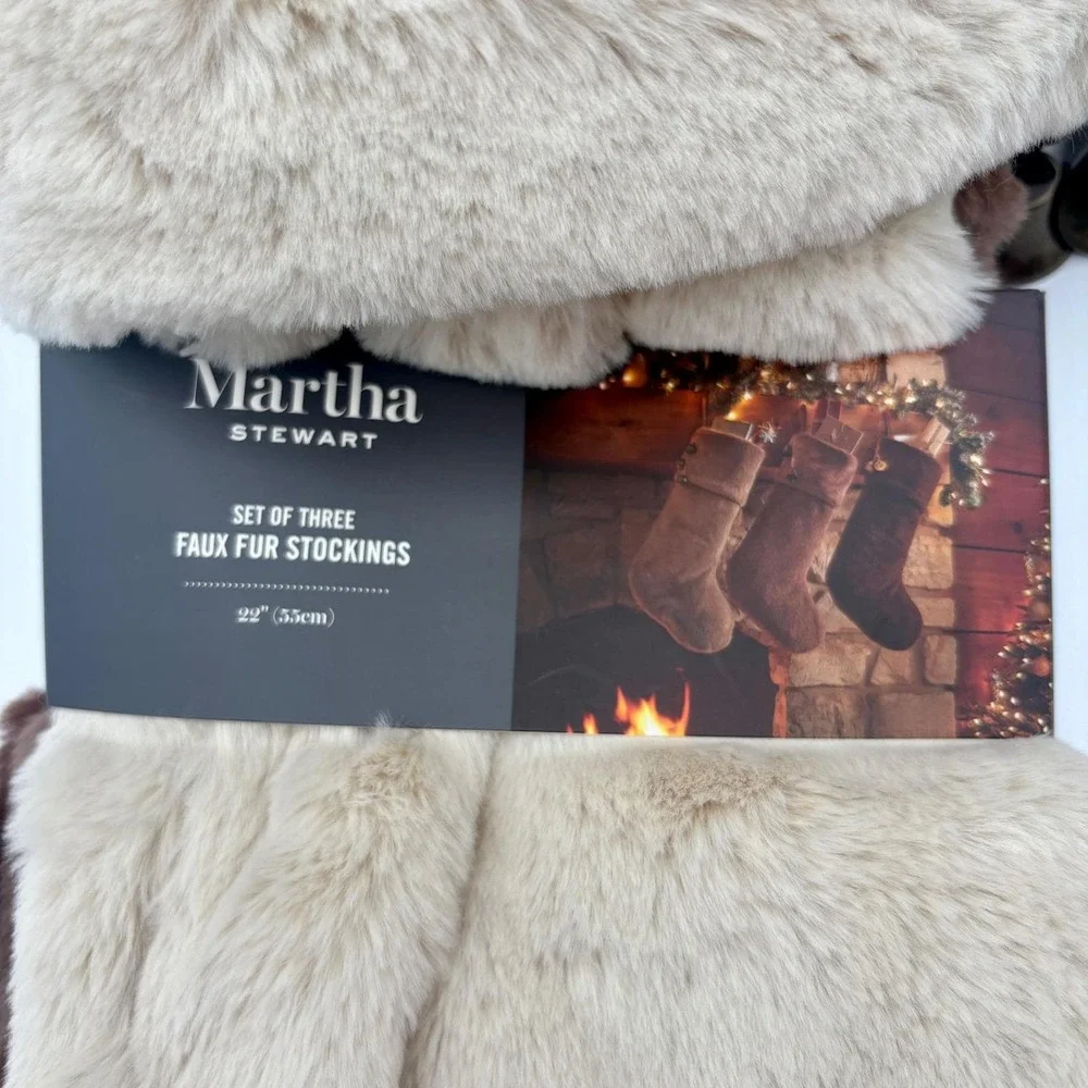 Martha Sewart Set of 3 Faux Fur Neutrals Brown Tan‎ Beige Christmas Stockings